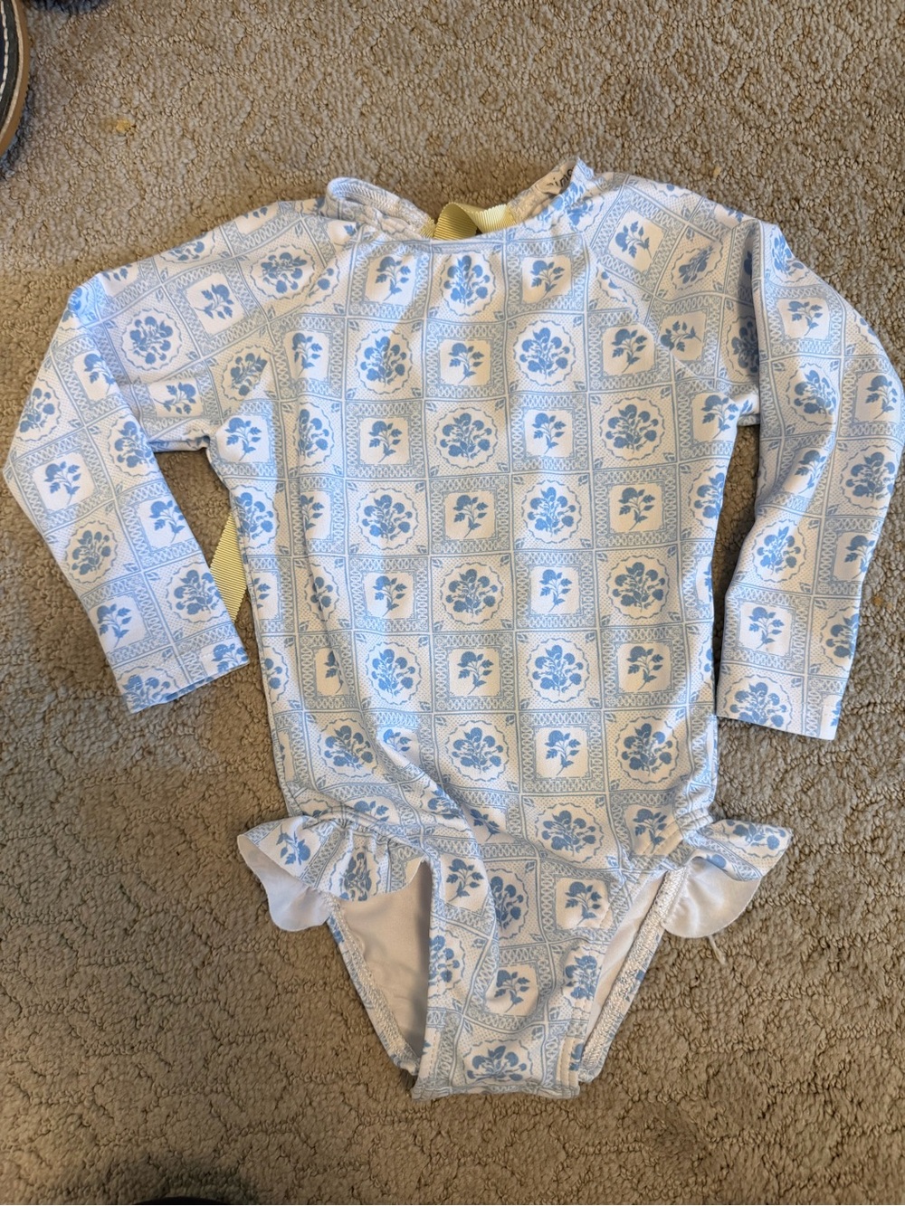 Girls' Long-Sleeve Light Blue Floral Rashguard Swimsuit